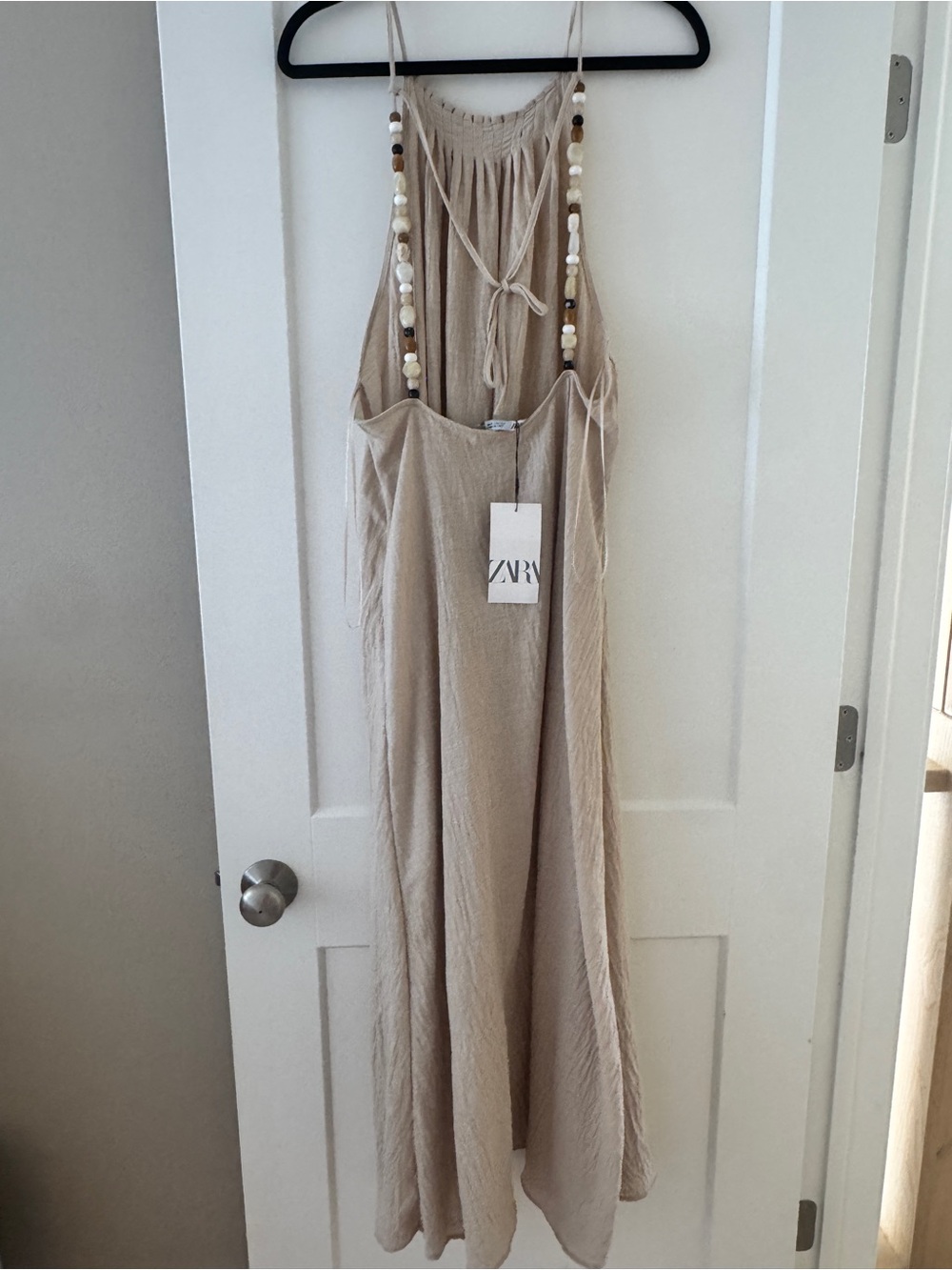 NWT Zara Beaded Strap Halter Maxi Dress Beige Size L - Picture 2 of 5
